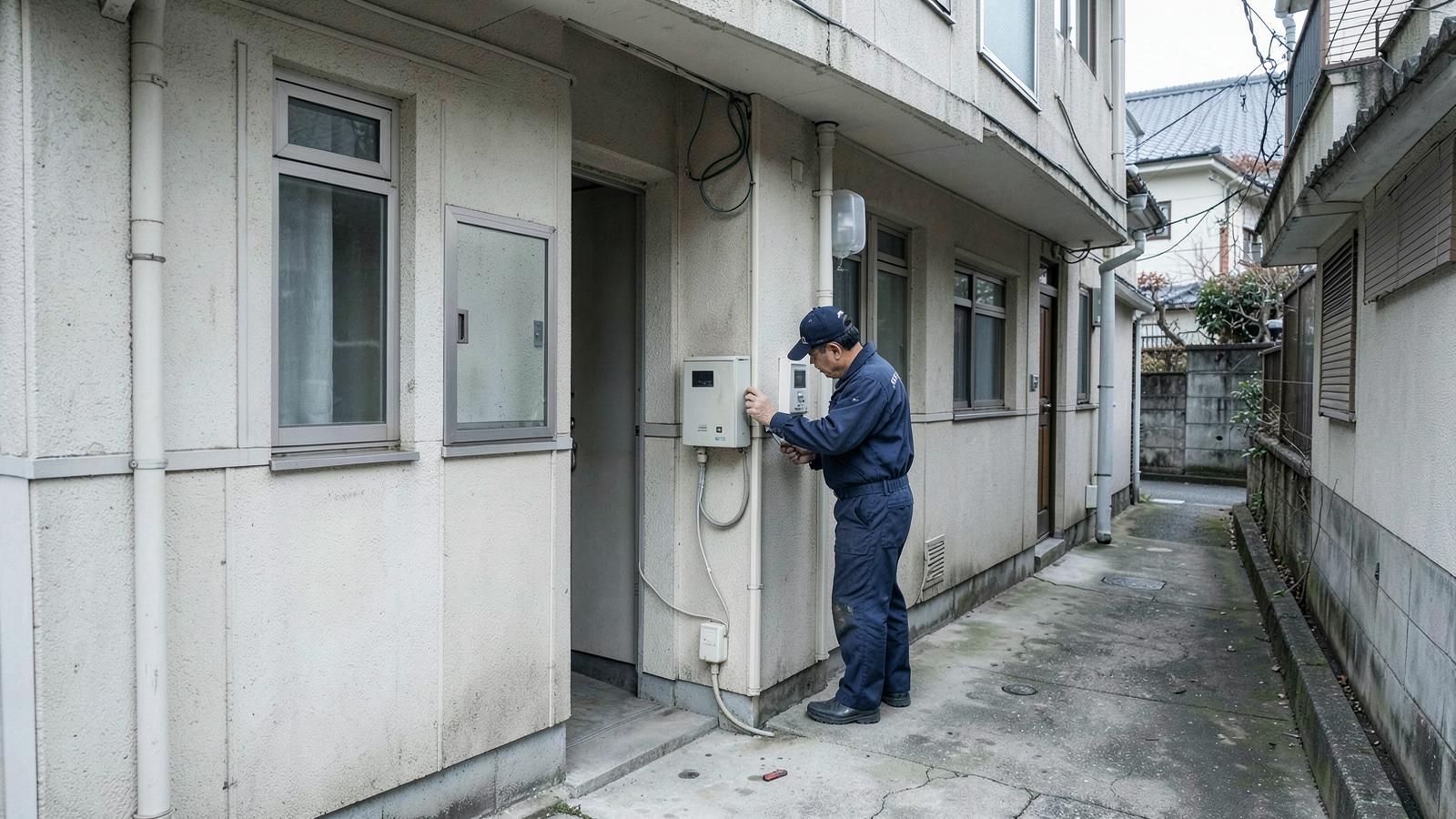 중소형 주거 건물의 공용부 시설을 점검하는 관리 담당자